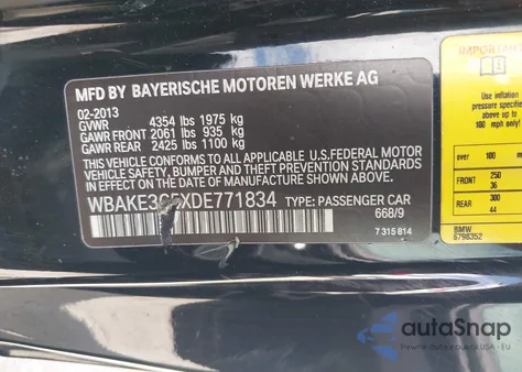 2013 BMW 328I из США, поврежденный, VIN WBAKE3C5XDE771834